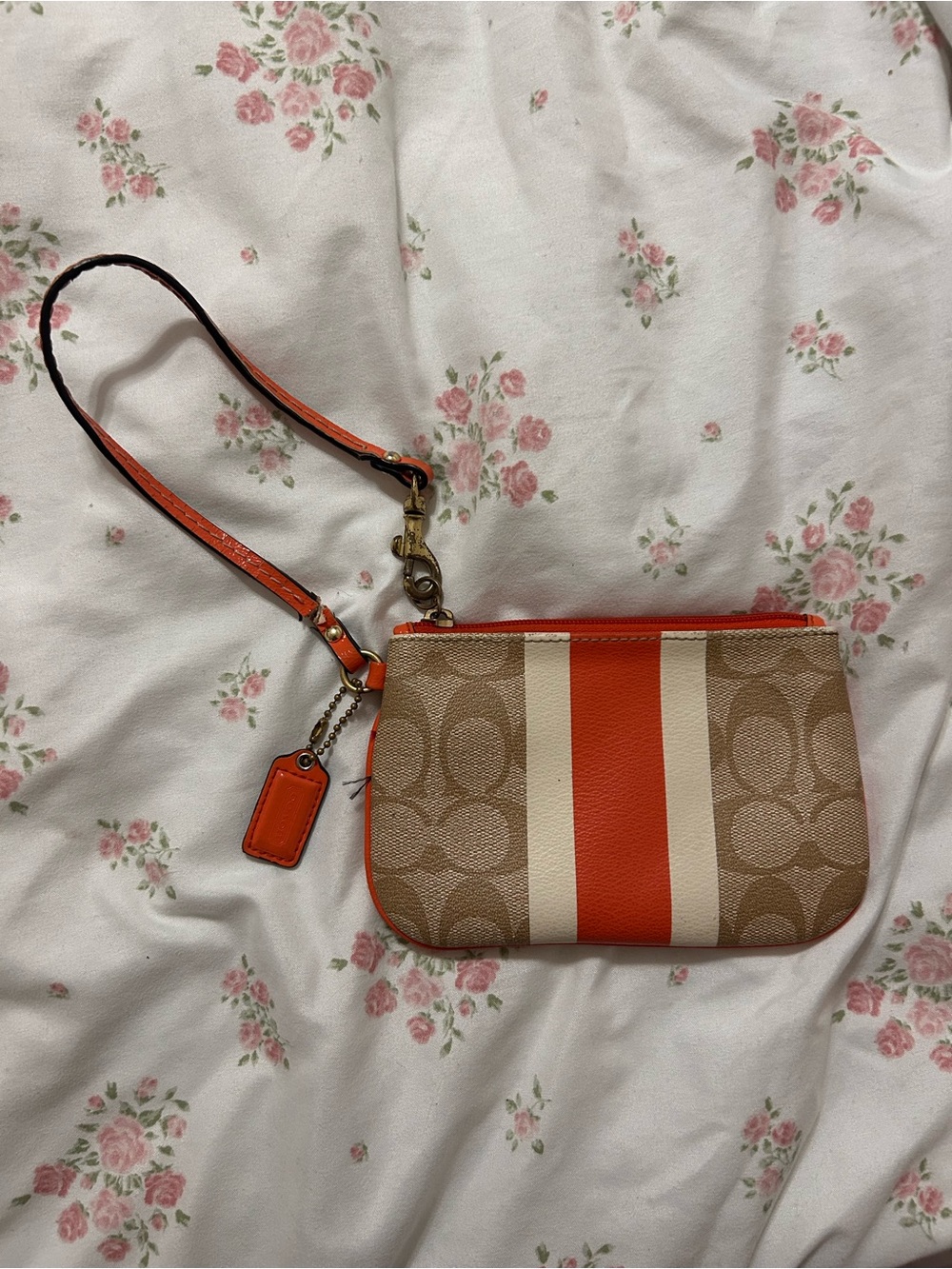 Coach Canvas Wristlet with Orange and Tan Stripes